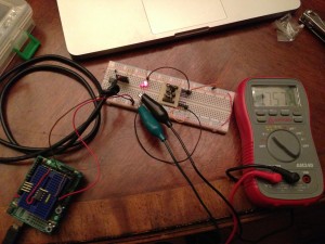 The two rails on the breadboard are at different voltage levels! This side is at 3.3v...